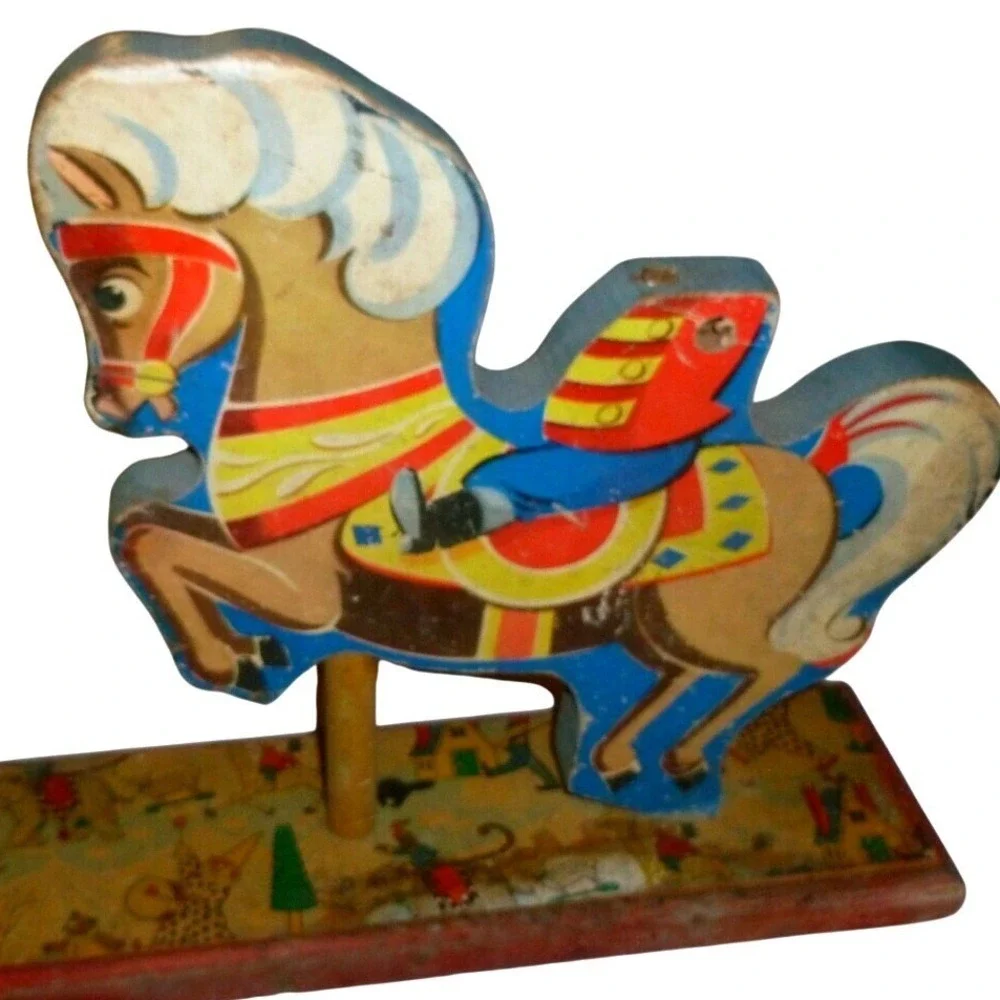 Vintage Wooden Circus Horse Pull Toy Litho Soldier Primitive Decor AS IS